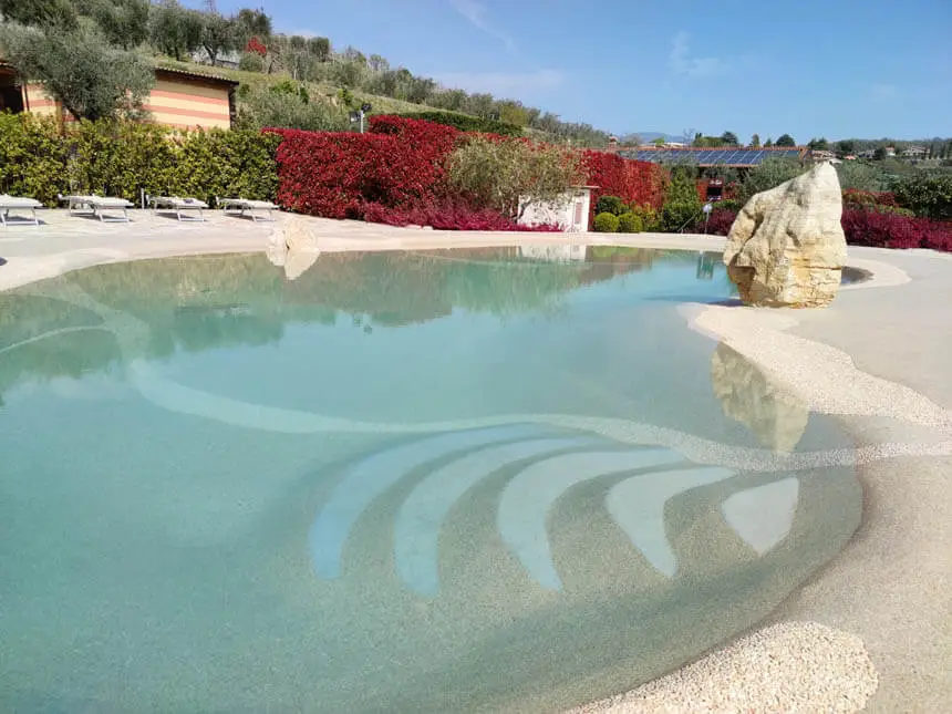 Lagoon pool with rock borders and curved steps